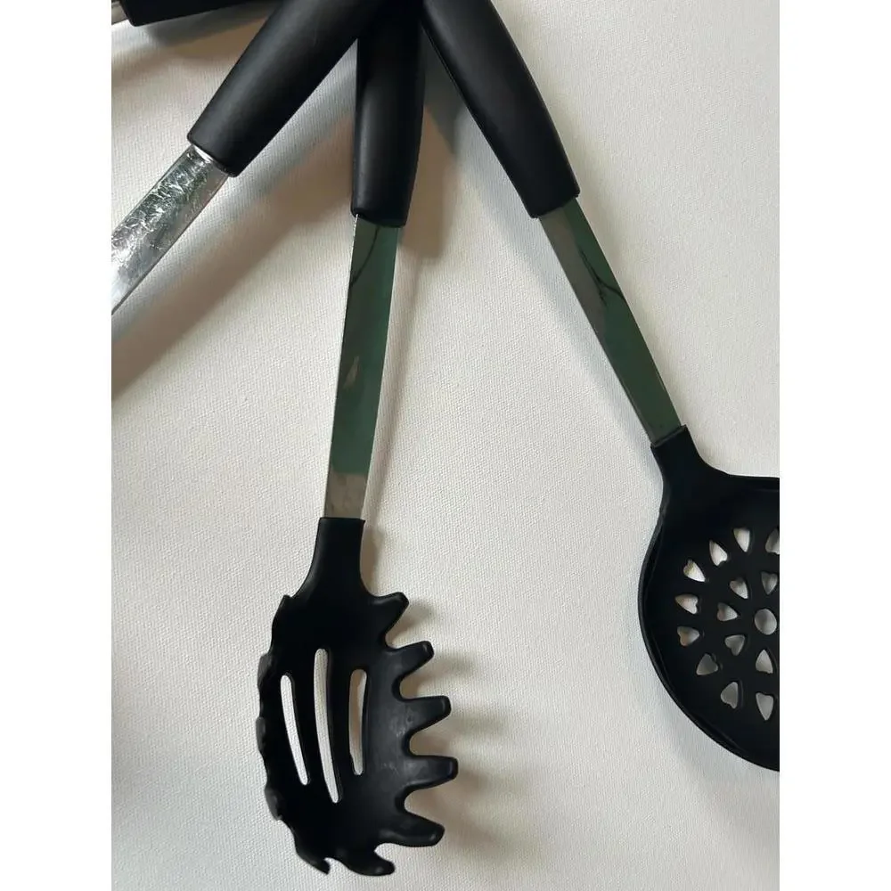 6 piece set of black silicone kitchen utensils with stainless steel handles